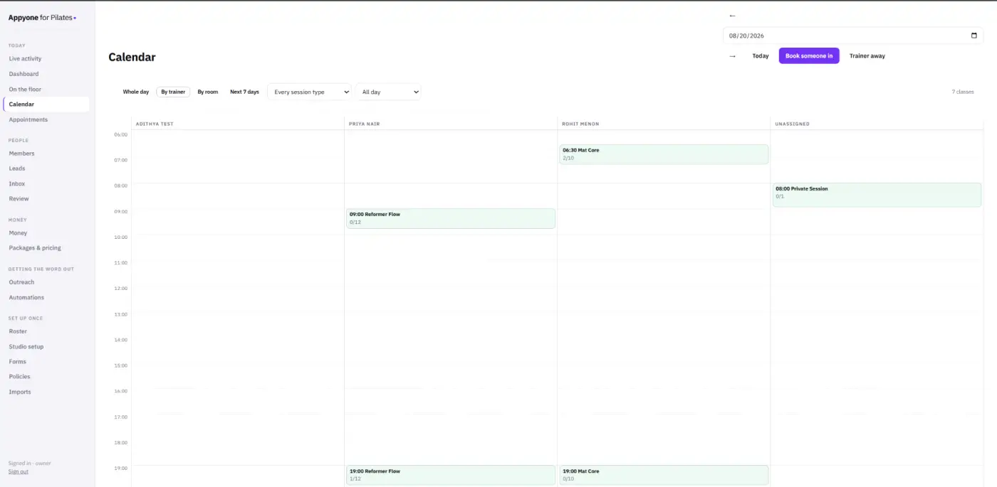 Appyone Pilates calendar showing trainer columns with Reformer Flow and Mat Core sessions